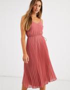 Asos Design Pleated Cami Midi Dress With Drawstring Waist In Dark Pink