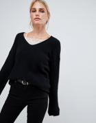 Sisley Flared Sleeve V Neck Knit Sweater In Black - Black