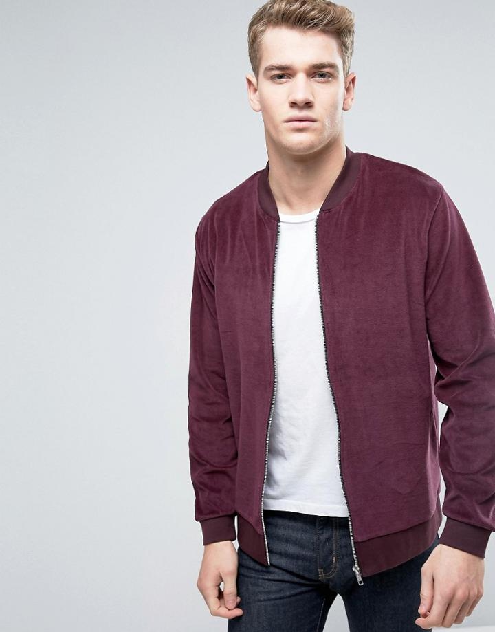 Asos Velour Bomber Jacket In Burgundy - Red