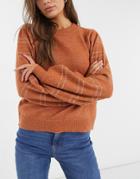 Pieces High Neck Stripe Sleeve Sweater In Warm Brown