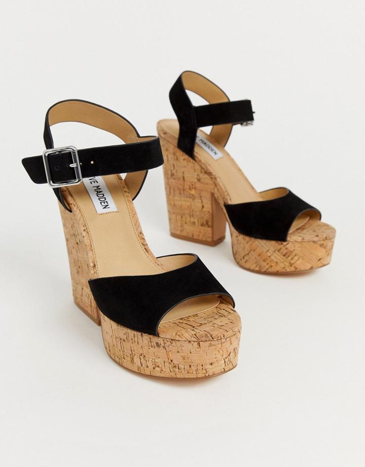 Steve Madden Jess Black Suede Cork Platform Heeled Sandals