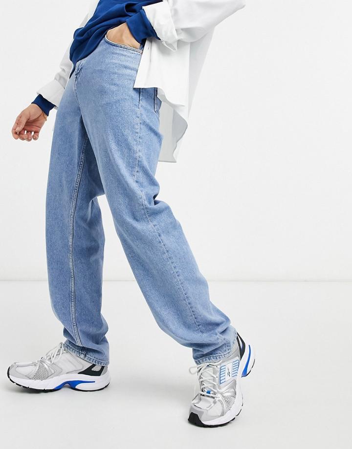 Asos Design Relaxed Jeans In Mid Wash Blue-blues