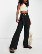 Missguided Linen Look Belted Wide Leg Pants In Black