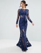 Forever Unique Long Sleeved Lace Sheer Maxi Dress - Blue