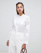 Sisley Collarless Elasticated Sleeve Detail Shirt - White
