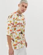 Asos Design Oversized T-shirt In Linen Look With All Over Print - White