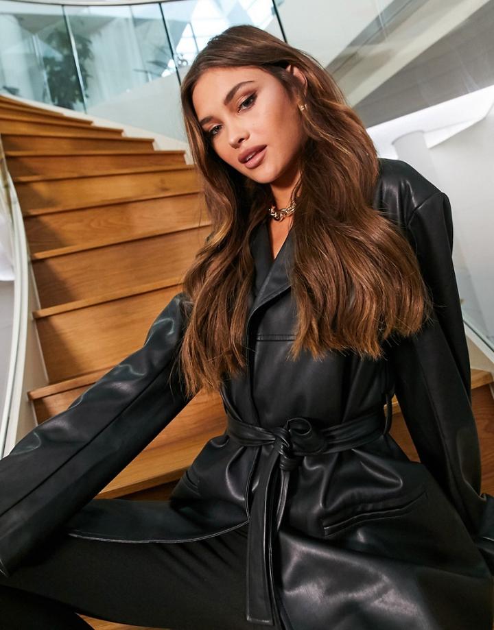 Asos Design Belted Faux Leather 90s Mom Jacket In Black