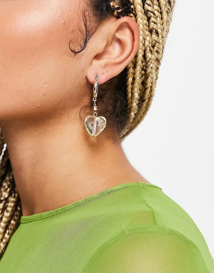 Topshop Pink And Green Mismatch Heart Charm Drop Hoop Earrings In Gold
