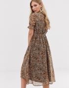 Y.a.s Leopard Print Puff Sleeve Midi Dress-beige