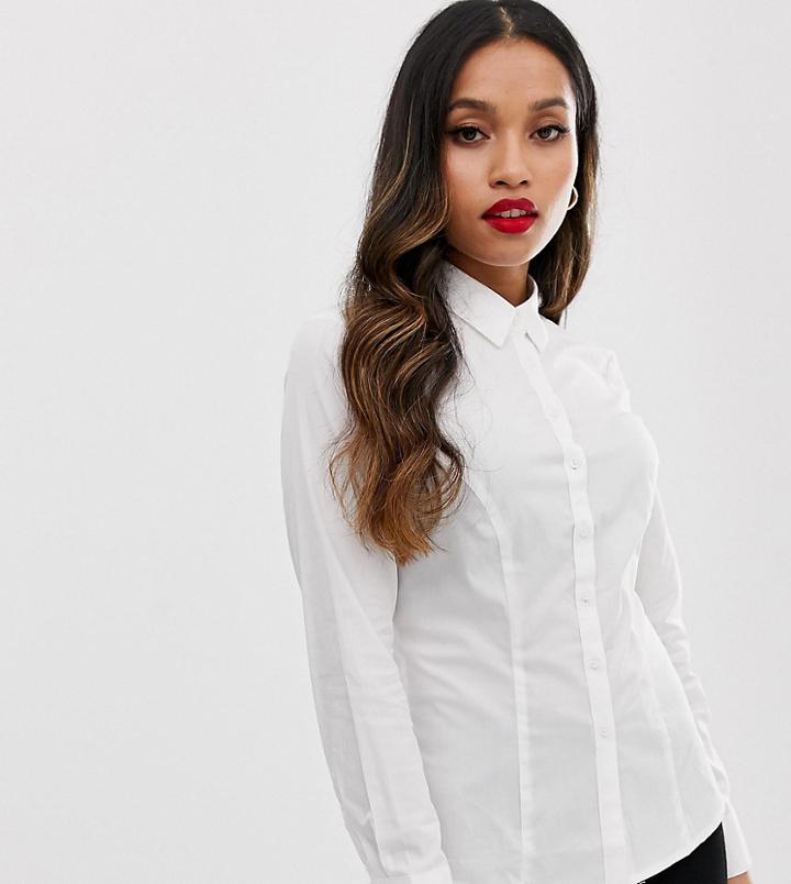 Asos Design Petite Long Sleeve Long Sleeve Shirt In Stretch Cotton - White