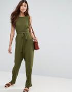 Asos Jumpsuit In Crinkle With Waist Wrap Tie - Green