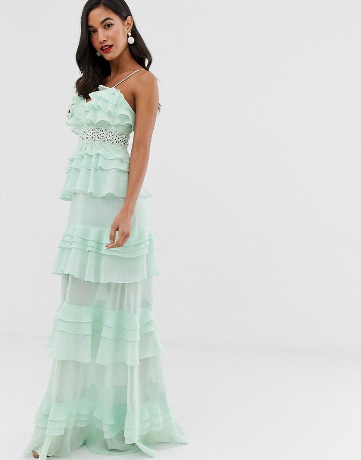 True Decadence Premium Frill Layered Cami Maxi Dress With Lace Insert In Soft Mint-green
