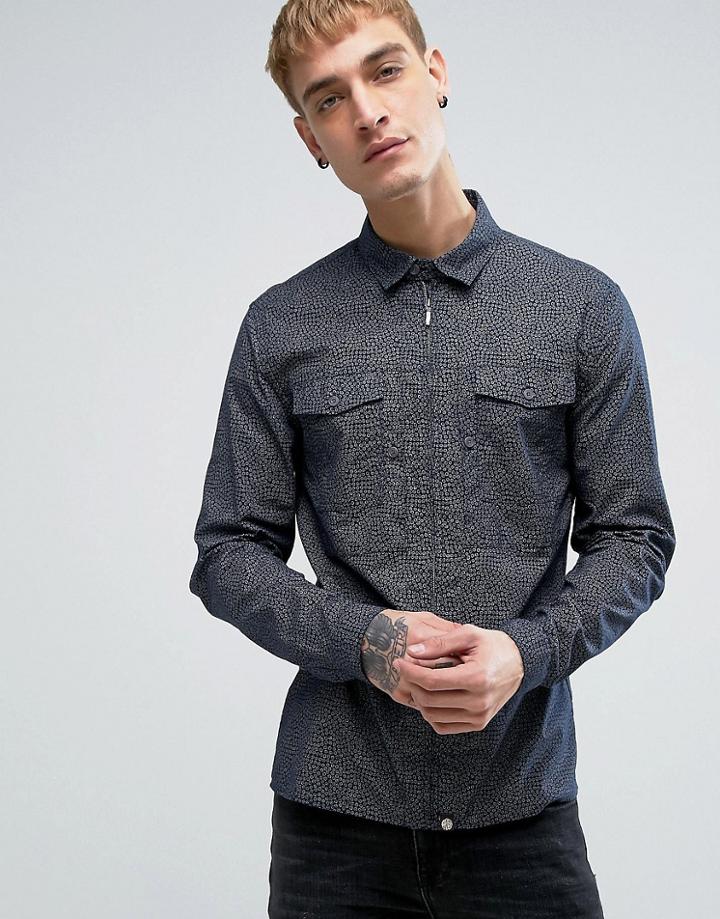 Pretty Green Mayflower Printed Shirt Zip Front Slim Fit In Navy - Navy