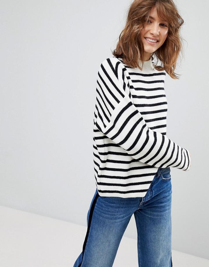 Stradivarius Stripe High Neck Sweater - Cream