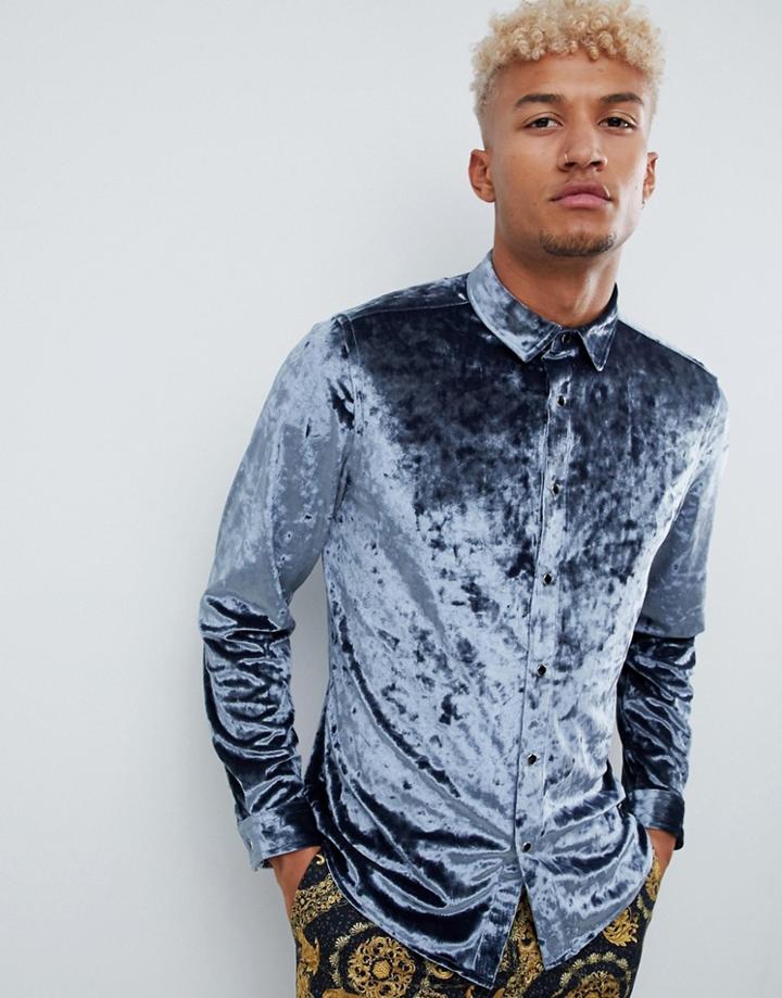 Asos Design Regular Fit Crushed Velvet Shirt In Blue - Blue