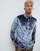 Asos Design Regular Fit Crushed Velvet Shirt In Blue - Blue