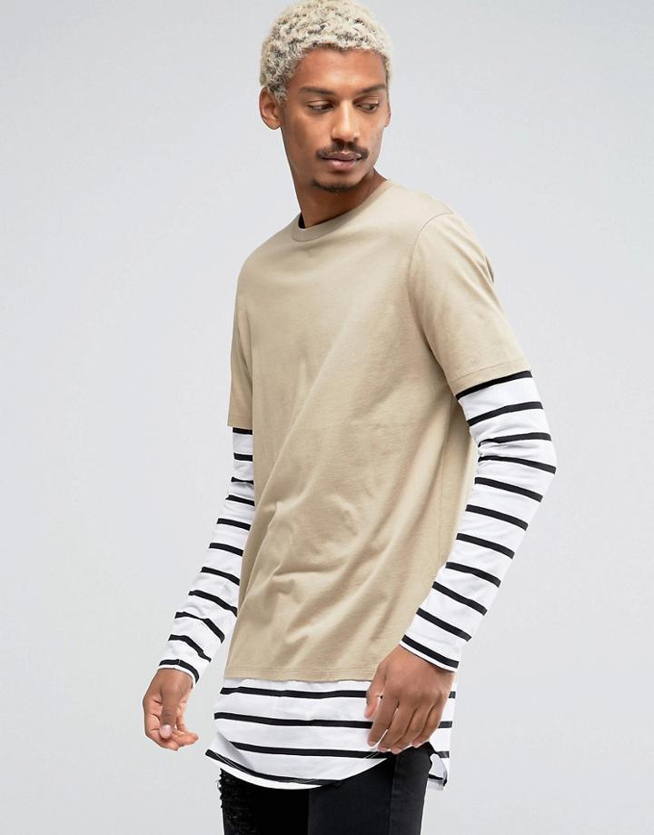 Asos Longline Long Sleeve T-shirt With Stripe Double Layer Effect - Be