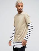 Asos Longline Long Sleeve T-shirt With Stripe Double Layer Effect - Be