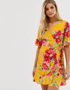 Influence Wrap Dress With Frill Detail In Floral Print - Yellow