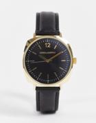 Asos Design Square Watch With Gold Details And Faux Leather Strap In Black
