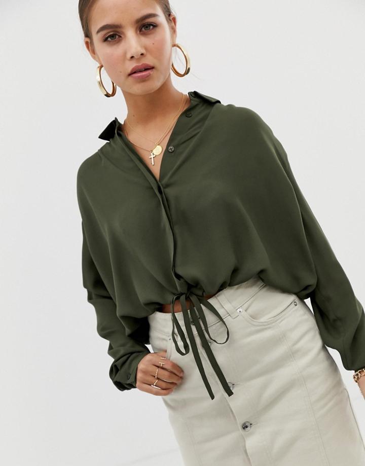 Asos Design Soft Long Sleeve Shirt With Tie Waist Detail - Green