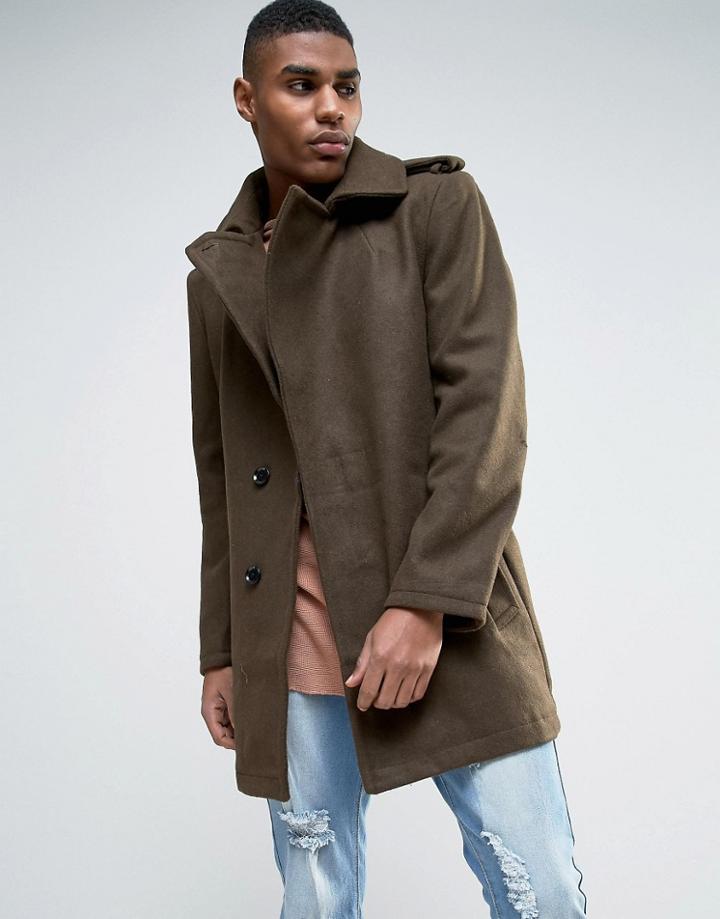 Criminal Damage Wool Blend Belted Coat - Green