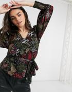 Vero Moda Wrap Blouse With Tie Waist In Dark Floral-multi