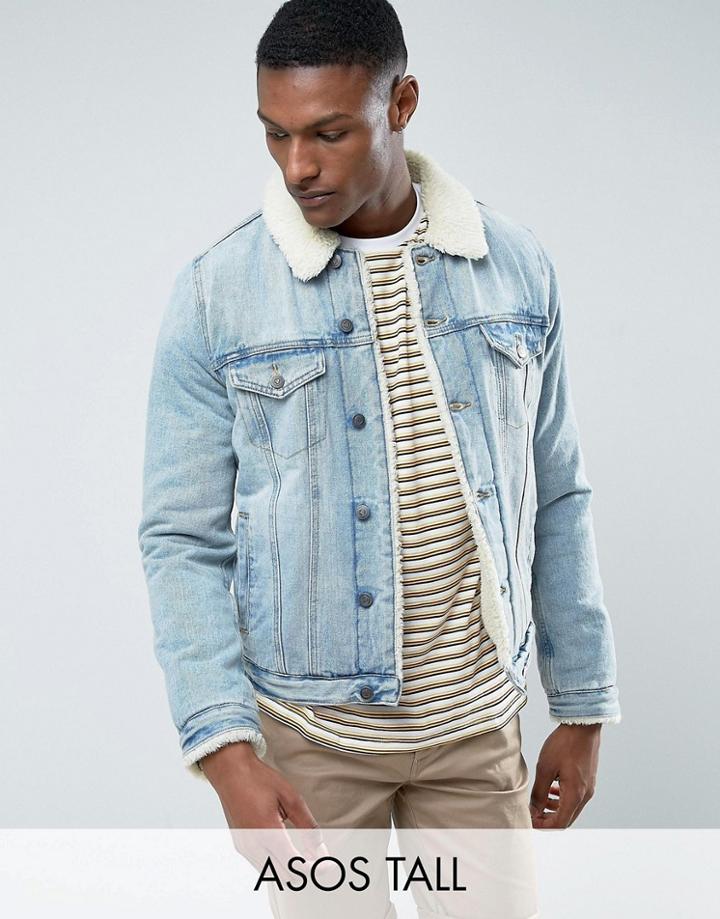 Asos Tall Fully Fleece Lined Denim Jacket In Mid Wash - Blue