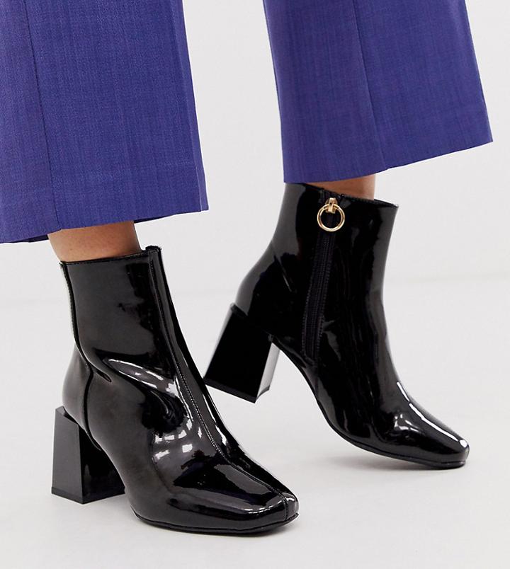 Asos Design Wide Fit Reed Heeled Ankle Boots In Black Patent