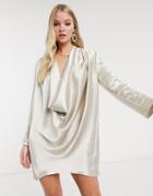 Asos Design High Shine Satin Cowl Neck Mini Shift Dress-cream