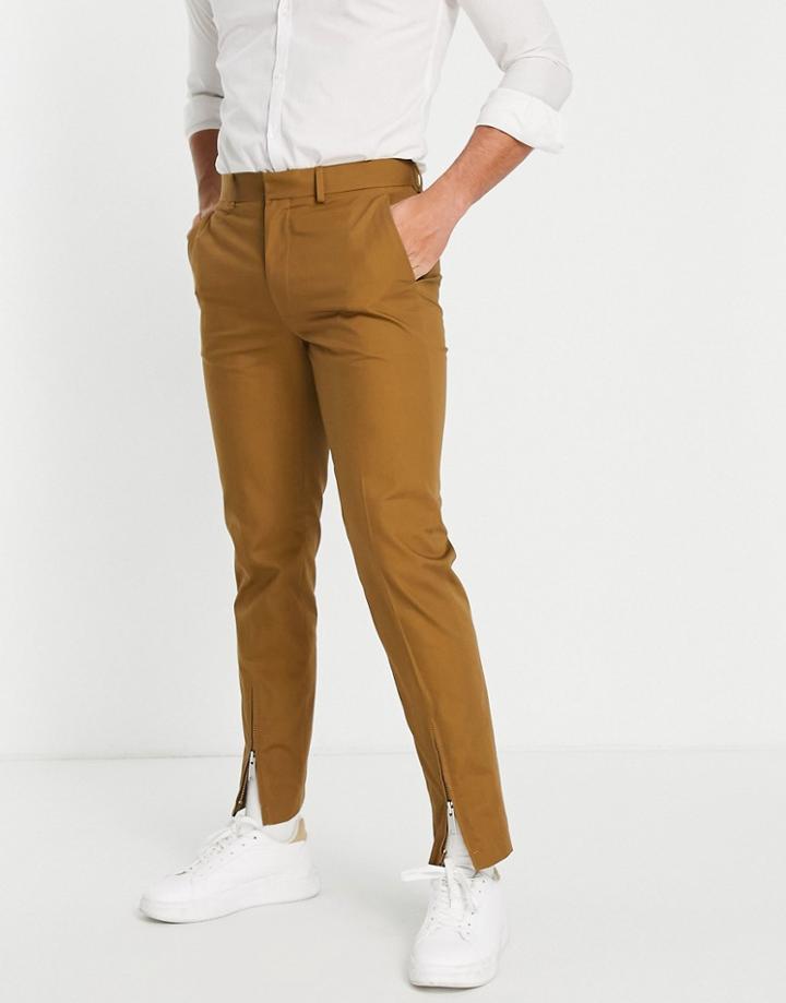 Asos Design Slim Smart Pant With Zip Front Hem In Brown