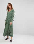 Liquorish Maxi Floral Dress With Frills - Green