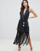 Asos Design Tux Mini Dress With Fringe Detail - Black