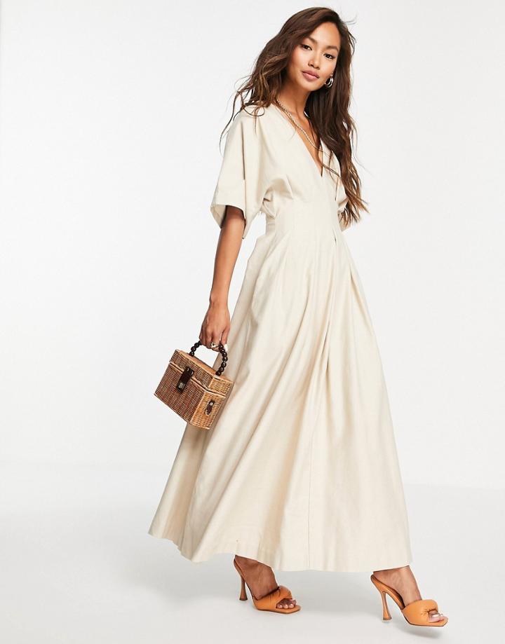 Asos Edition Pleat Waist Midi Dress In Oatmeal-neutral