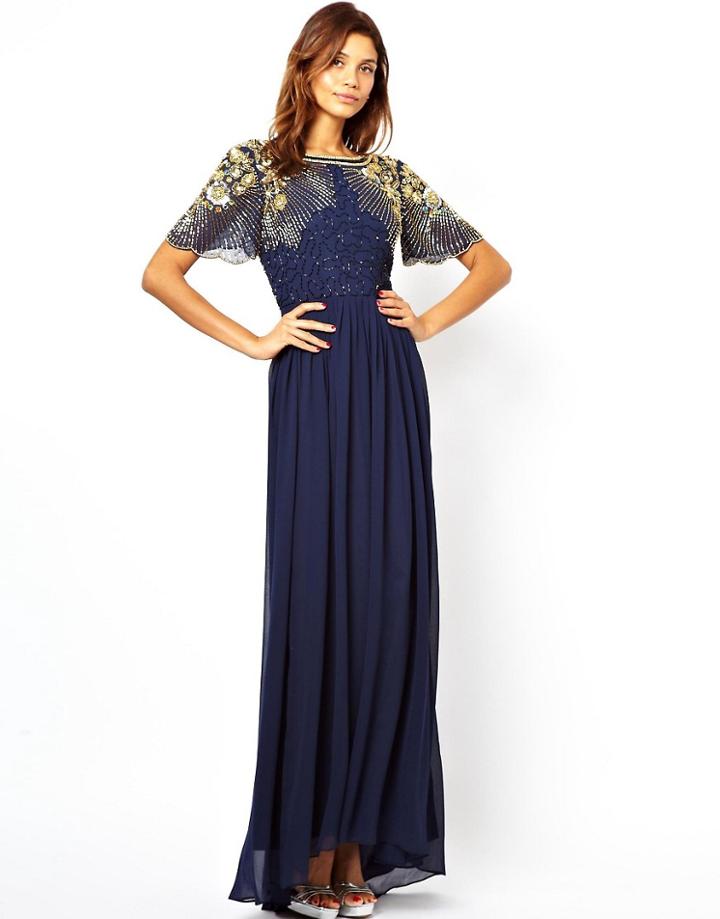 Virgos Lounge Raina Maxi Dress With Embellished Shoulder - Navy