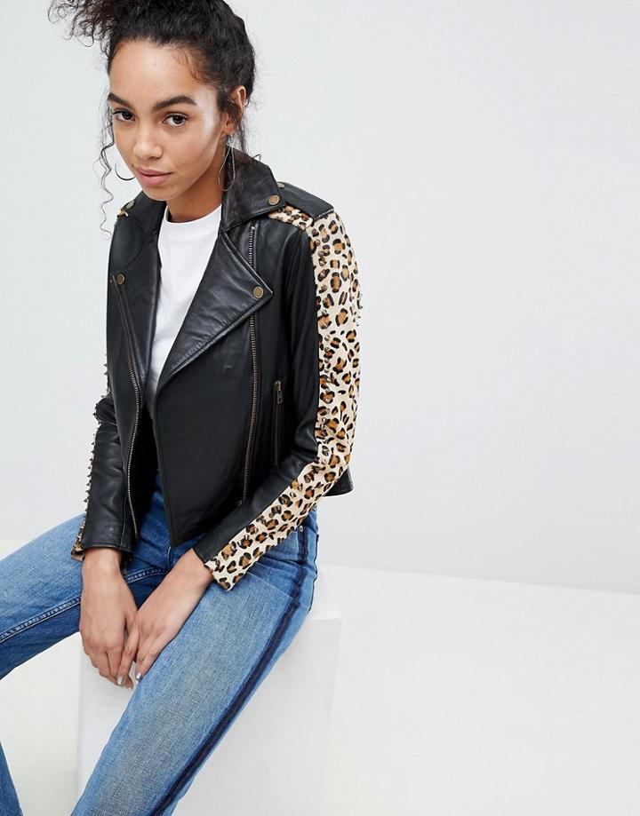 Muubaa Laurel Leopard Print Arm Leather Biker Jacket - Black
