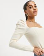 Asos Design Sweater With Sweetheart Neck And Puff Shoulder Detail In Cream-white