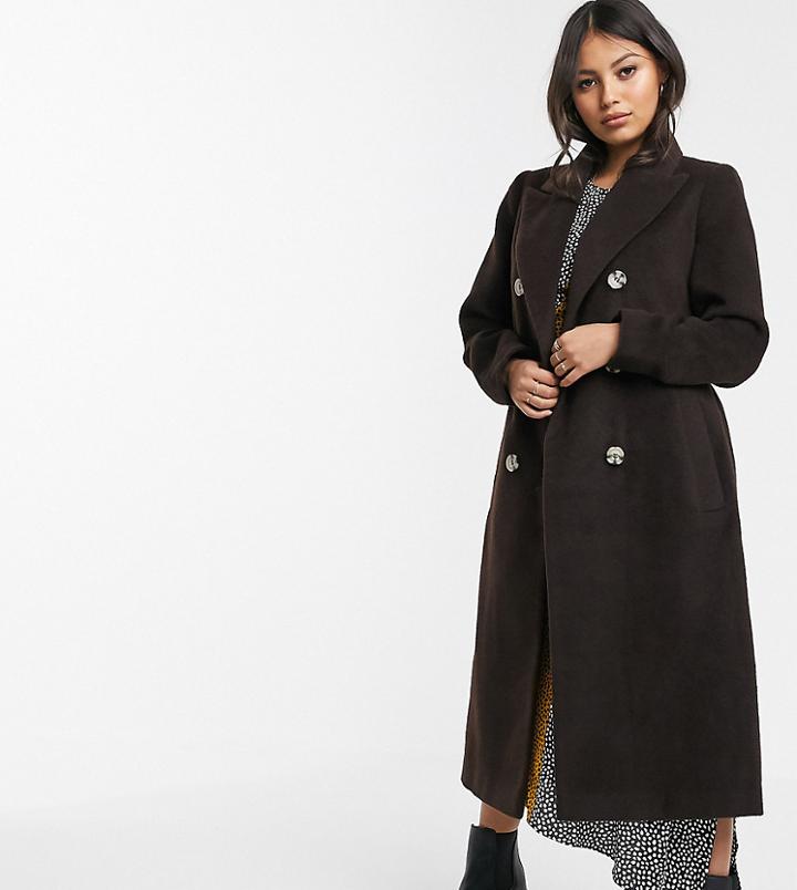 Glamorous Petite Double Breasted Coat With Tie Waist-brown