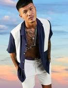 Asos Design Relaxed Fit Viscose Shirt In Color Block Navy And White