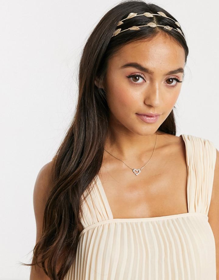 Asos Design Double Row Headband With Leaf Embellishment In Gold Tone