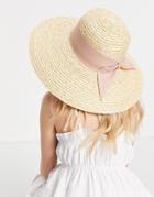 Asos Design Curved Crown Flat Brim Natural Straw Hat With Bow And Size Adjuster In Neutral-brown