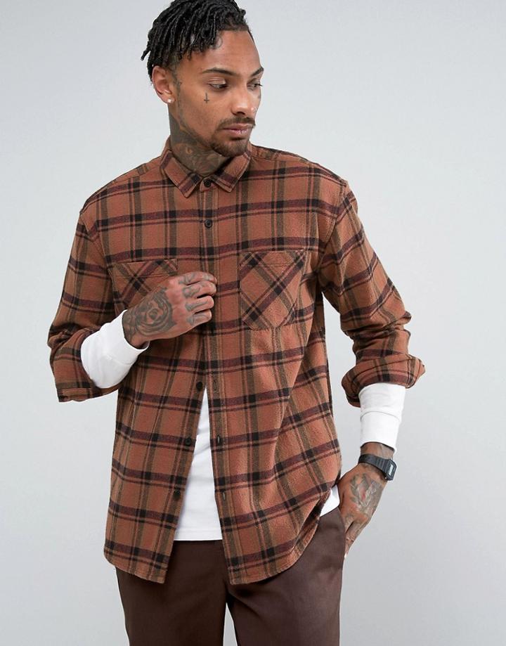 Asos Oversized Brushed Check Shirt In Brown - Brown