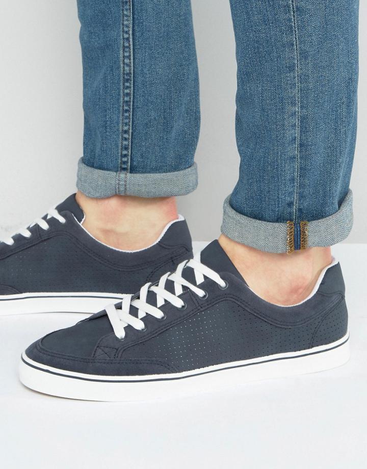 Pull & Bear Perforated Sneakers In Navy With White Sole - Navy