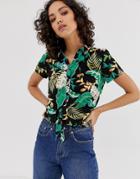 Only Boxy Tropical Tie Front Shirt - Black