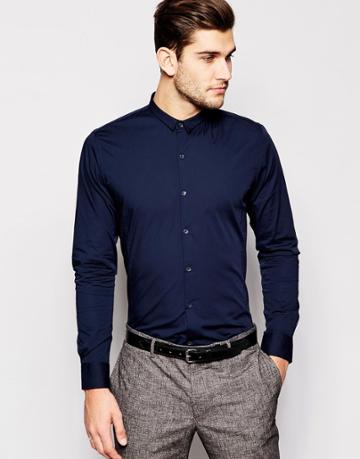 Vito Shirt With Micro Collar In Skinny Fit - Navy