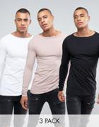Asos 3 Pack Long Sleeve Extreme Muscle T-shirt In White/black/pink With Boat Neck Save - Multi