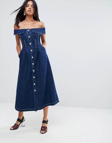 To Be Adored Danya Off Shoulder Buttoned Denim A Line Dress - Blue