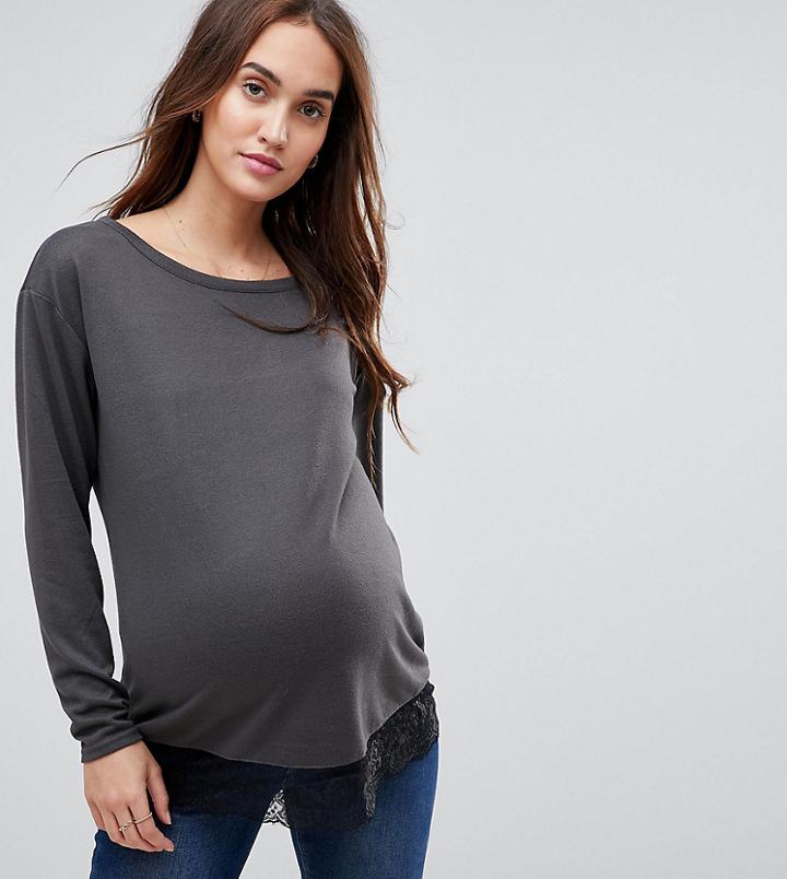 New Look Maternity Lace Hem Long Sleeve Tee - Gray