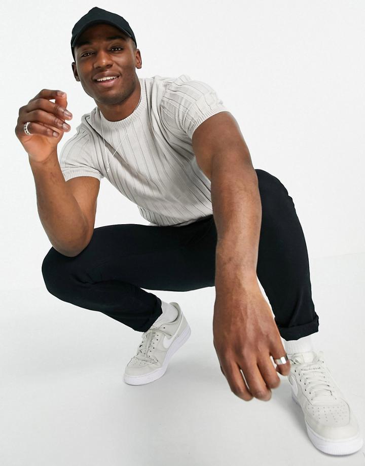 Asos Design Knitted Ribbed T-shirt In Light Gray-grey