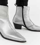 Asos Design Wide Fit Stacked Heel Western Chelsea Boots In Silver Leather - Silver